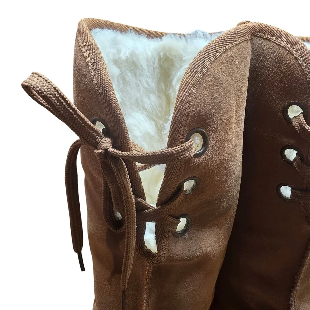 Ukala Sydney Women 8 Tall Suede Sheepskin Boot Tan Lace Up Back Merino Wool